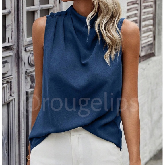 Rouge! Tops - Blue Cowl Draped Pleated Neck Sleeveless Top Blouse Decorative Shoulder Buttons